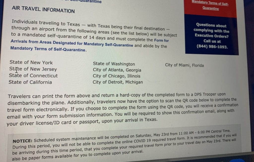 Quarantine travelers to texas
